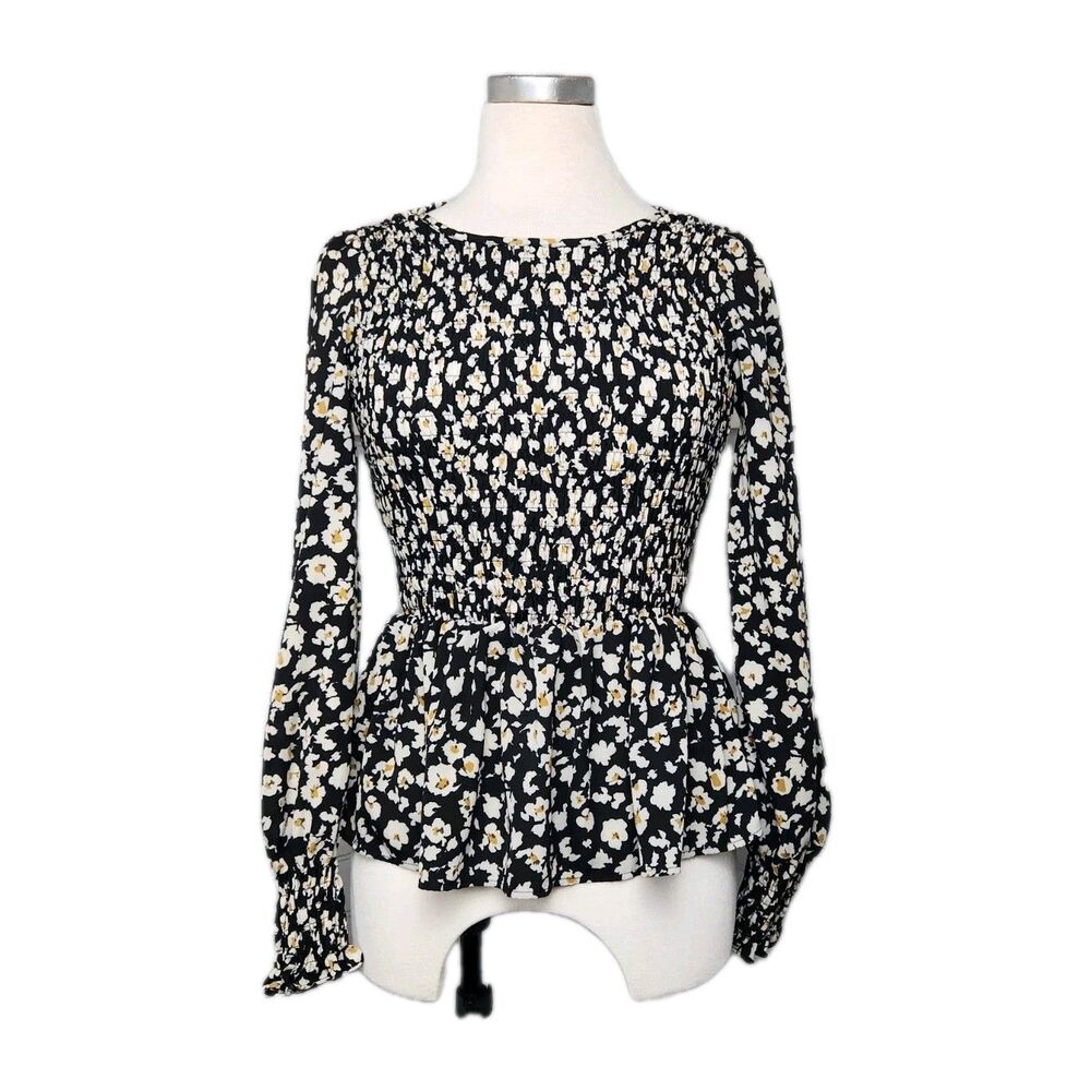 Funlingo Floral Peplum Blouse Womens M Elastic Bodice Daisy Feminine Casual Chic